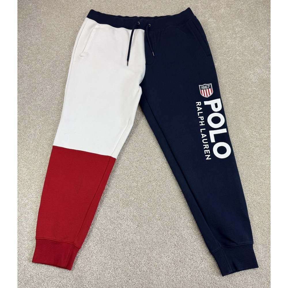 Polo Ralph Lauren Color Block Fleece Sport Jogger Blue Red White Men LARGE 34x28